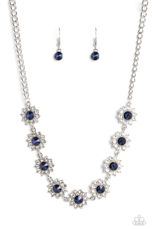 Blooming Brilliance - Blue & White Rhinestone Flower Paparazzi Necklace & matching earrings