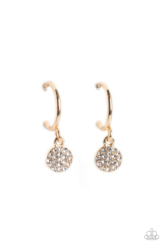 Bodacious Ballroom - Gold Dainty Hoop & White Rhinestone Disc Paparazzi Hoop Earrings