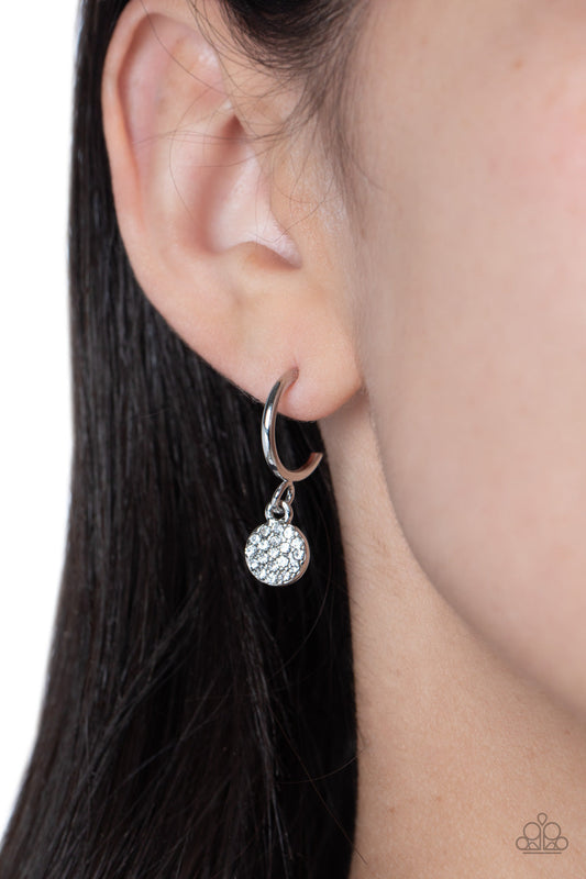 Bodacious Ballroom - White Rhinestone Disc & Dainty Silver Hoop Paparazzi Earrings