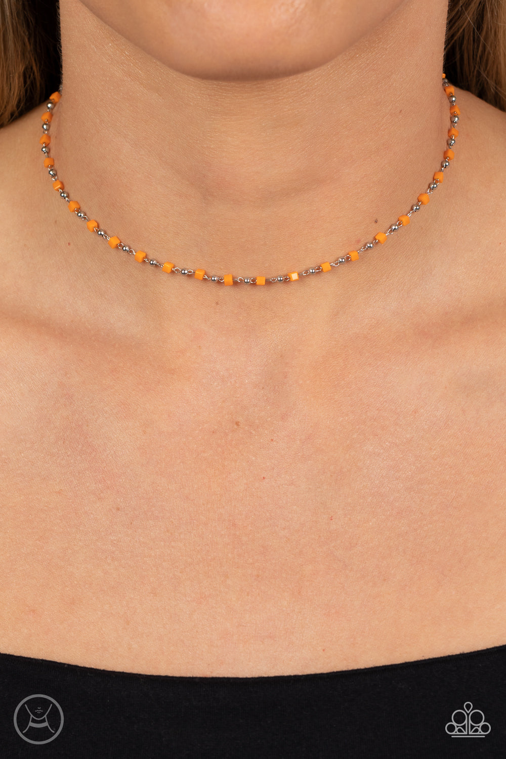 Neon Lights - Orange Square Beads/Dainty Silver Beaded Paparazzi Choker Necklace & matching earrings