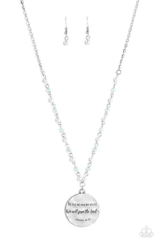 Serving the Lord - Blue Beads, White Pearls, & Silver "As For Me and My House We Will Serve the Lord" Pendant Paparazzi Necklace & matching earrings
