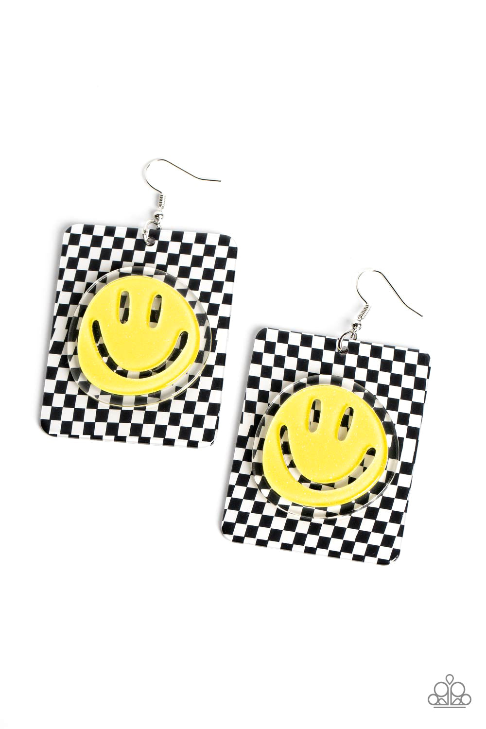 Cheeky Checkerboard - Yellow Oversized Smily Face & Checkerboard Backdrop Paparazzi Earrings