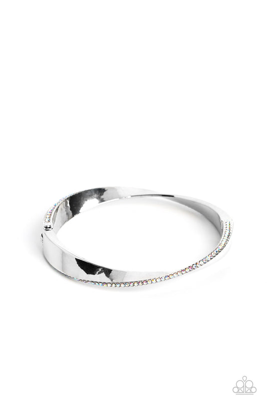 Artistically Adorned - Multi Iridescent Rhinestone & Warped Oversized Silver Hinge Paparazzi Bracelet