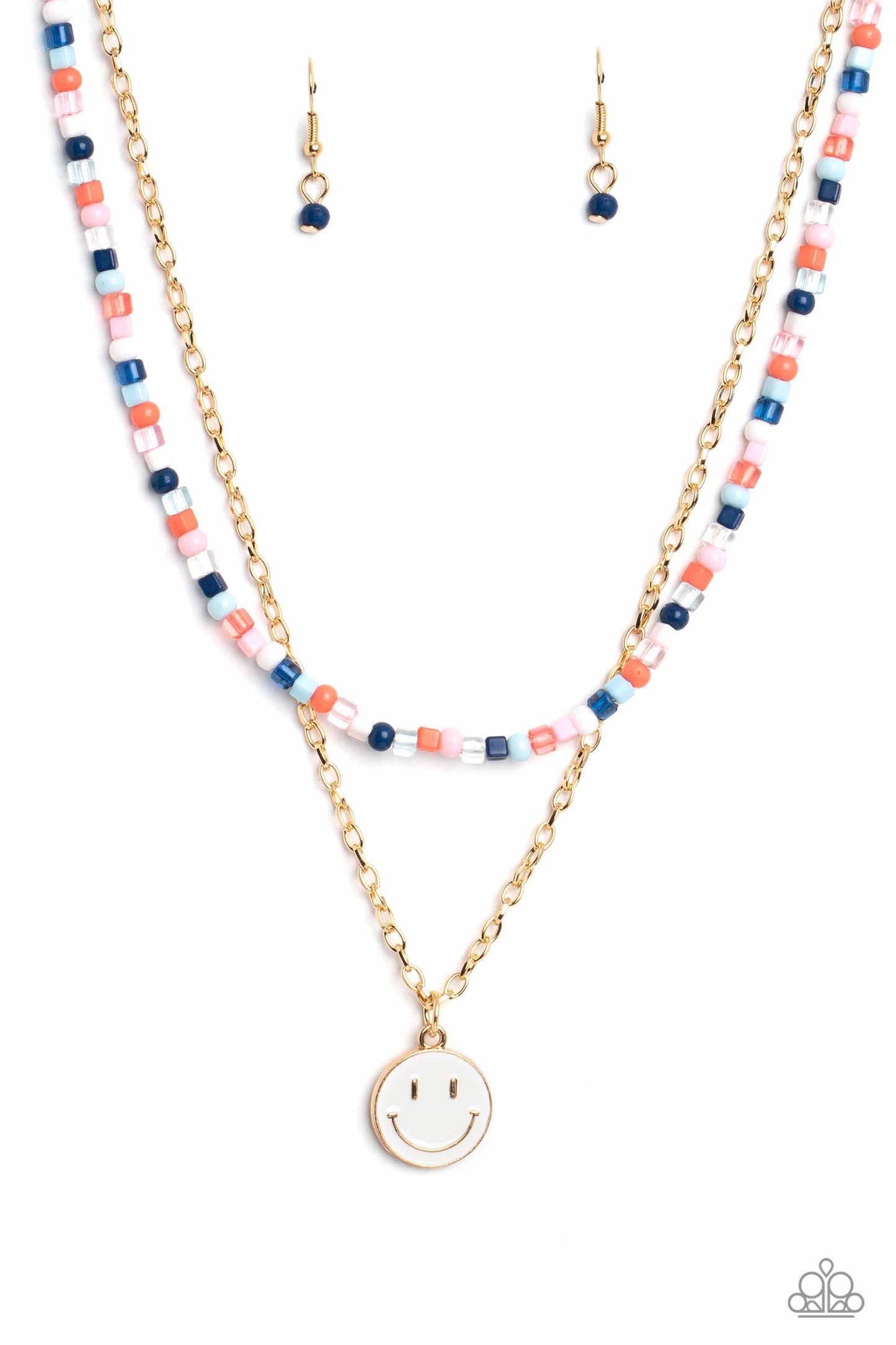 High School Reunion - Blue/Multi Colored Seed Beads/Smily Face Pendant Paparazzi Necklace & matching earrings