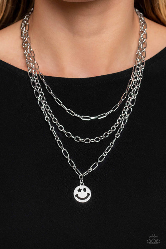 Winking Wanderer - Silver Smily Face Pendant/Triple Silver Chain Paparazzi Necklace & matching earrings