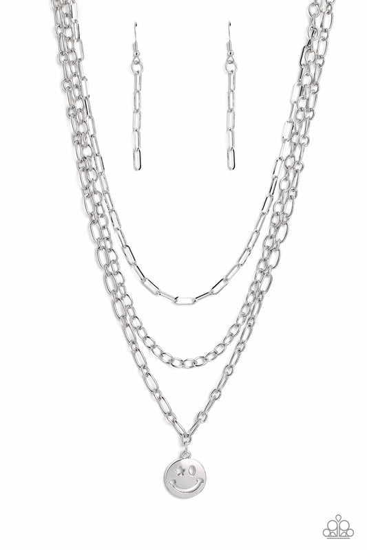 Winking Wanderer - Silver Smily Face Pendant/Triple Silver Chain Paparazzi Necklace & matching earrings