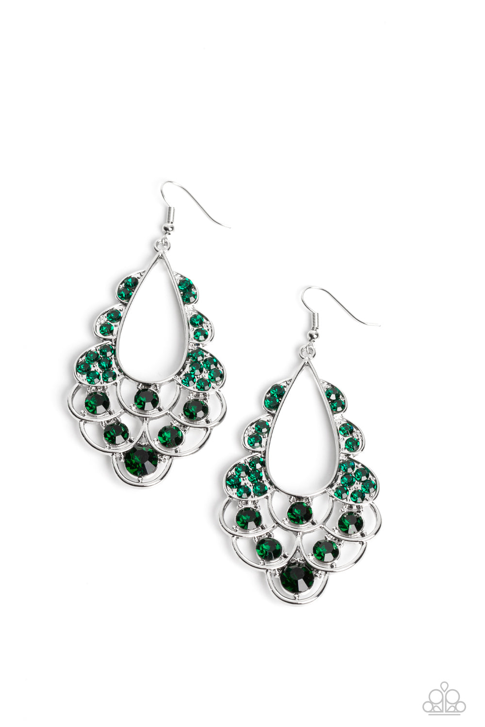 Majestic Masquerade - Green Faceted Gems & Silver Airy Teardrop Frame Paparazzi Earrings