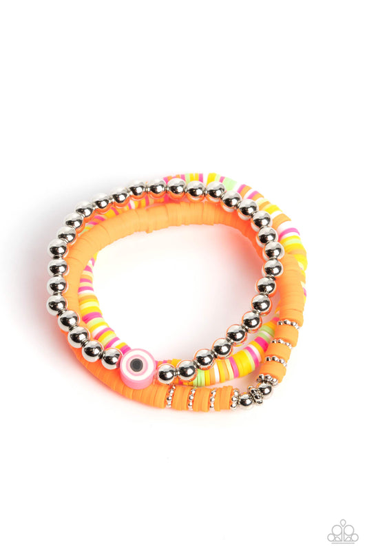 Sam EYE Am - Multi Rubber Discs, Silver Beads, Eye-Like Design Paparazzi Set of 3 Stretch Bracelets