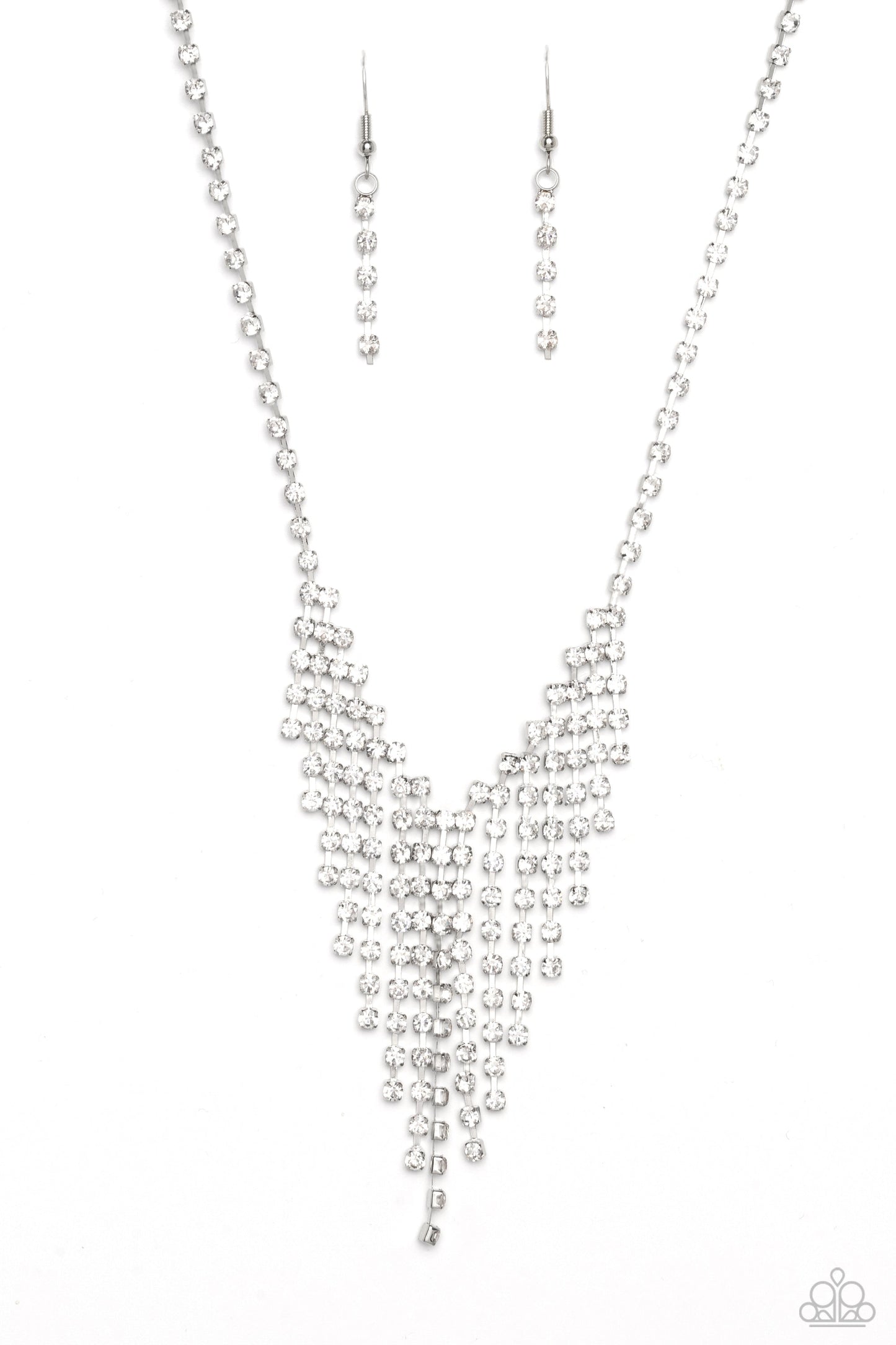SHIMMER of Stars - White Rhinestone Fringe Paparazzi Necklace & matching earrings