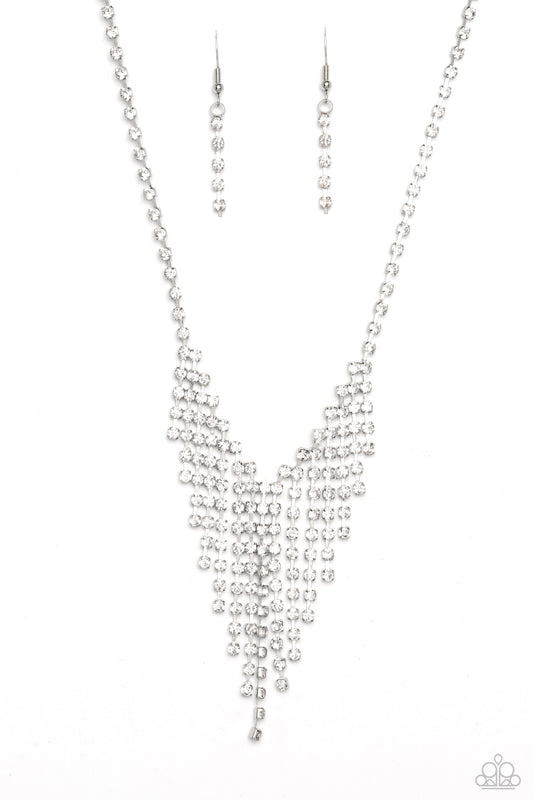 SHIMMER of Stars - White Rhinestone Fringe Paparazzi Necklace & matching earrings