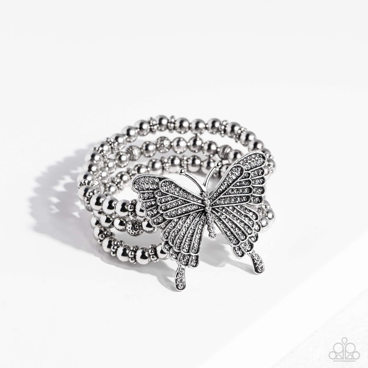 First WINGS First - White Rhinestone Oversized Butterfly/Silver Beaded Paparazzi Stretch Bracelet