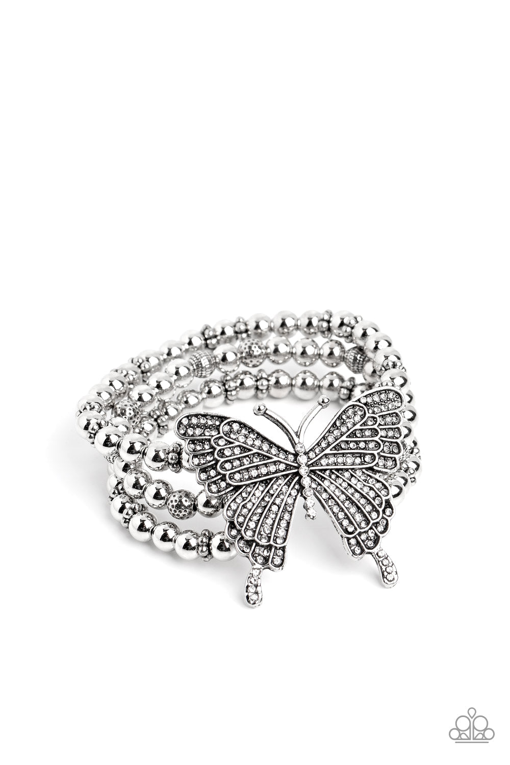 First WINGS First - White Rhinestone Oversized Butterfly/Silver Beaded Paparazzi Stretch Bracelet