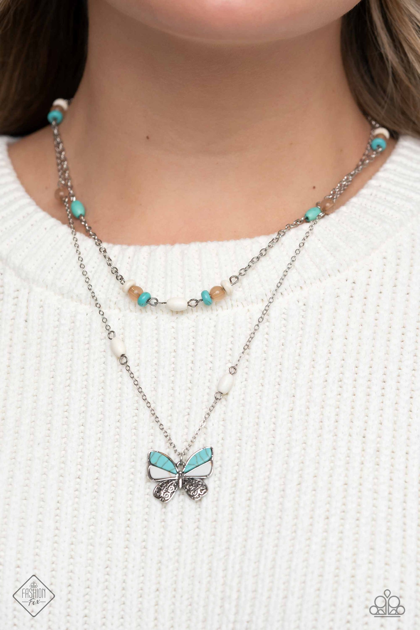 Free-Spirited Flutter - Blue/Turquoise & White Stone Butterfly Pendant Paparazzi Necklace & matching earrings