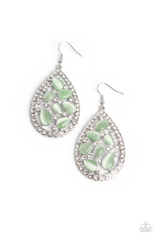 Cats Eye Class - Green Cat's Eye Stones & White Rhinestone Paparazzi Earrings