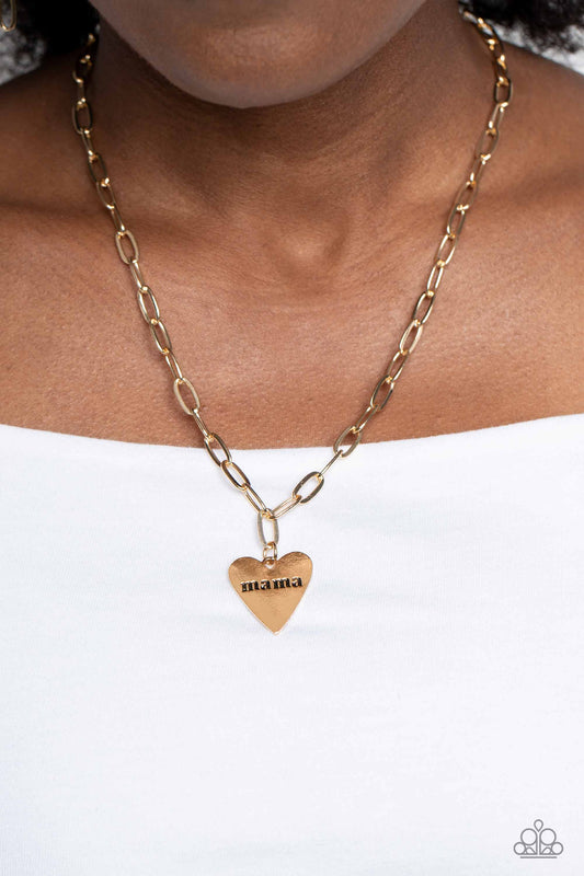 Mama Cant Buy You Love - Gold "Mama" Engraved Heart Pendant Paparazzi Necklace & matching earrings