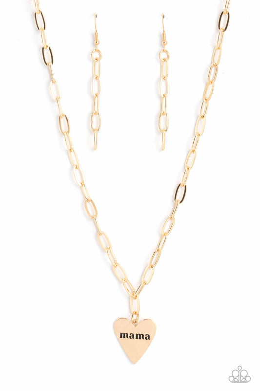 Mama Cant Buy You Love - Gold "Mama" Engraved Heart Pendant Paparazzi Necklace & matching earrings