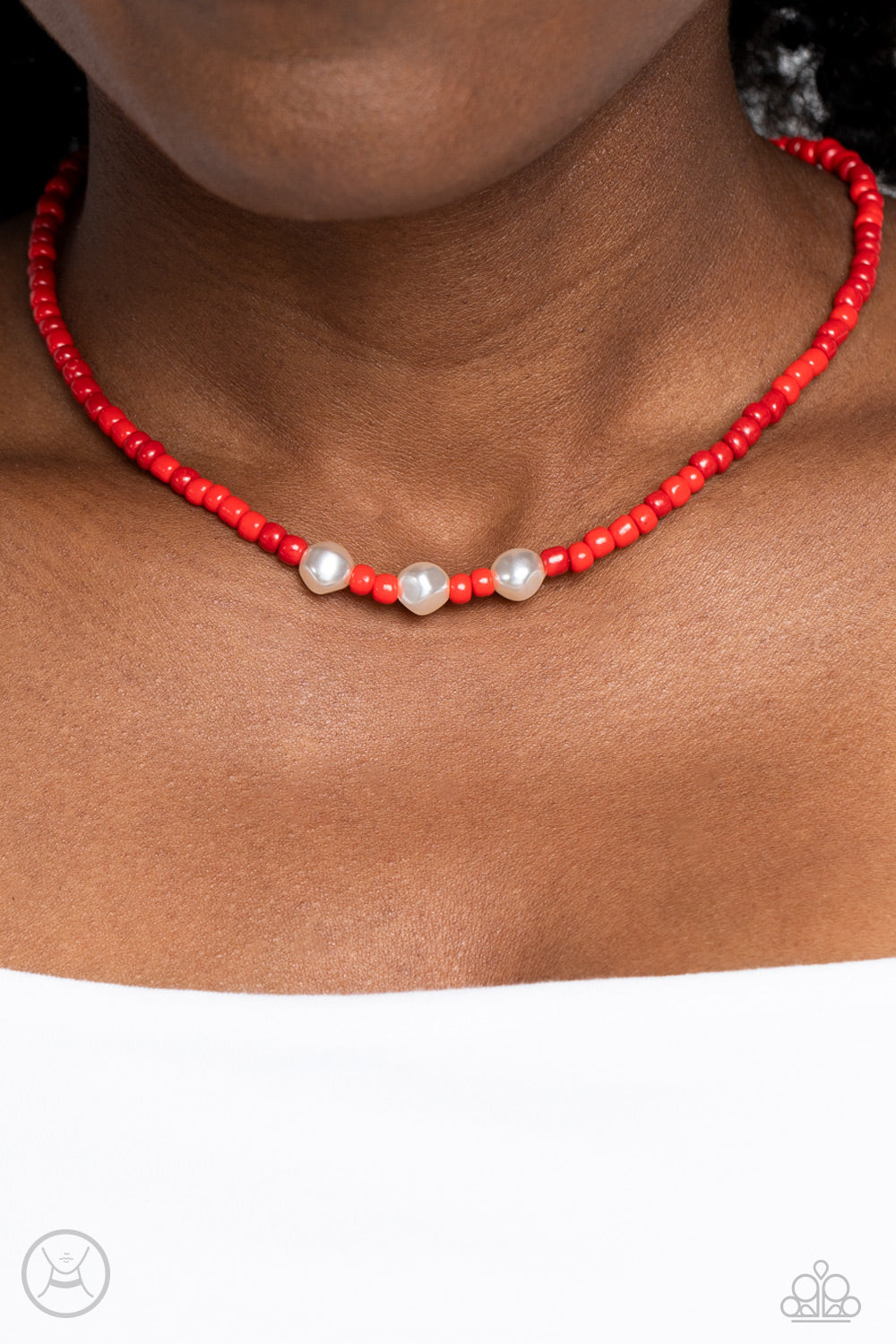 I Can SEED Clearly Now - Red Seed Bead & White Pearl Paparazzi Choker Necklace & matching earrings