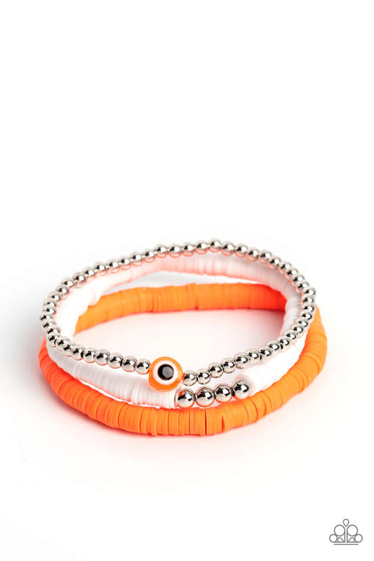 EYE Have A Dream - Orange & White Rubber Discs/Eye-Like Design Bead Paparazzi Set of 3 Stretch Bracelets