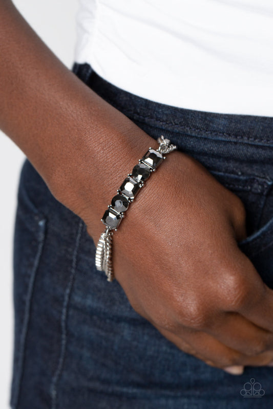 Tyrant Treasure - Silver Classic & Box Chain/Hematite Rhinestone Paparazzi Adjustable Bracelet