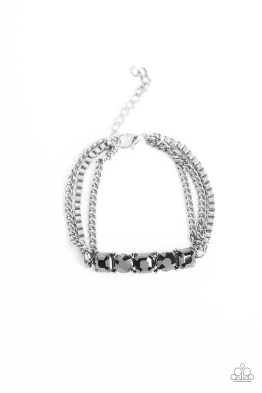 Tyrant Treasure - Silver Classic & Box Chain/Hematite Rhinestone Paparazzi Adjustable Bracelet
