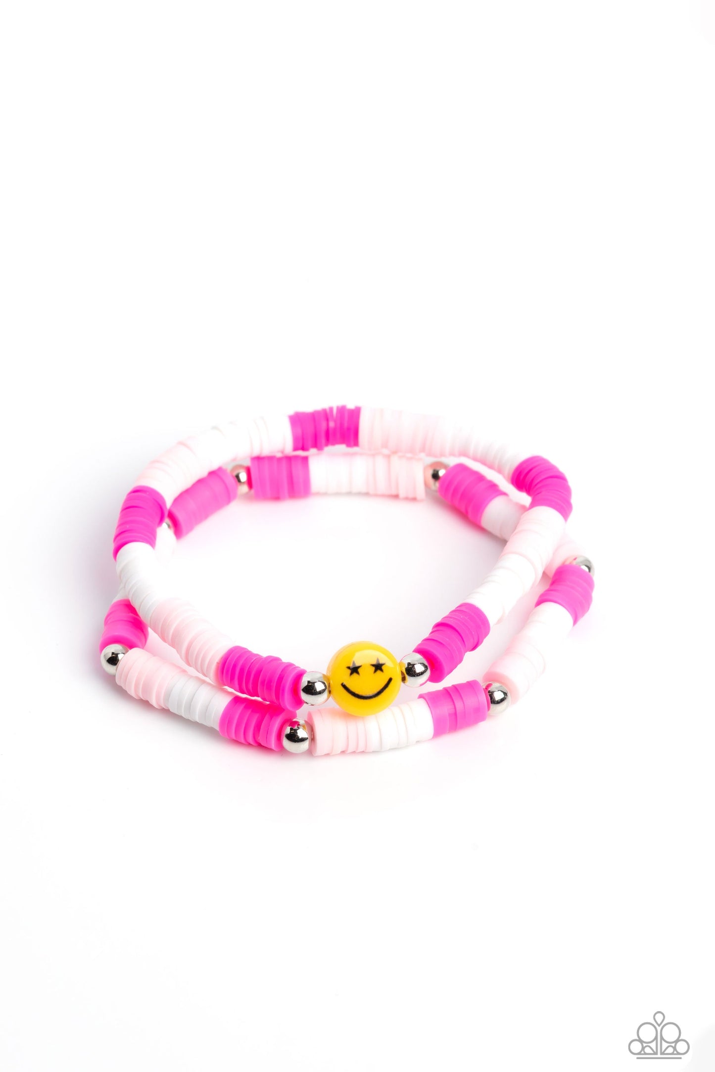 In SMILE - Pink/White Rubber Discs & Yellow Smily Face Paparazzi Set of 2 Stretch Bracelets