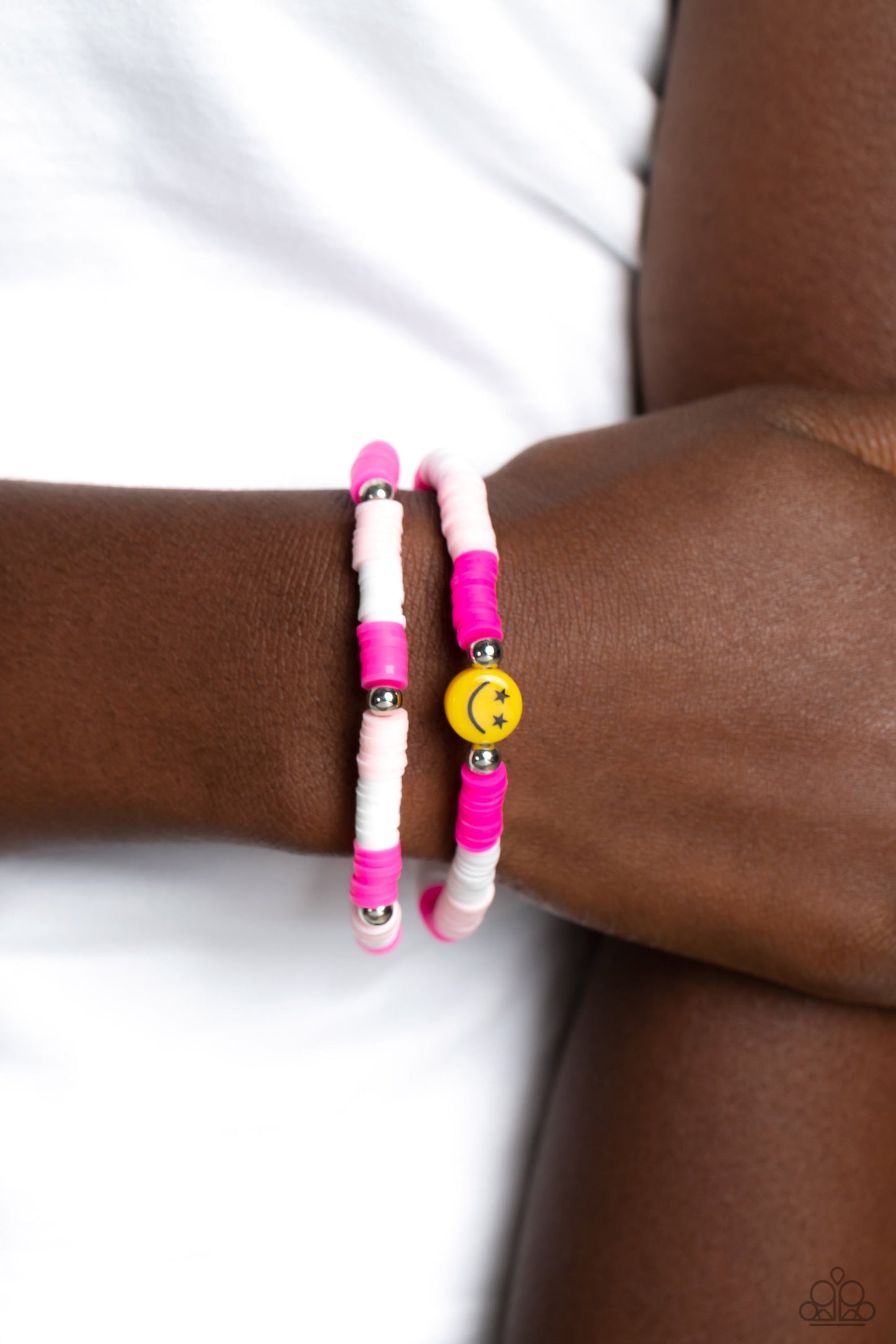 In SMILE - Pink/White Rubber Discs & Yellow Smily Face Paparazzi Set of 2 Stretch Bracelets