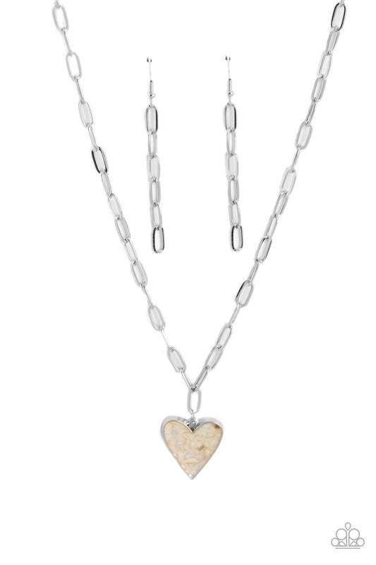 Kiss and SHELL - White Shell Flecks Heart Pendant Paparazzi Necklace & matching earrings