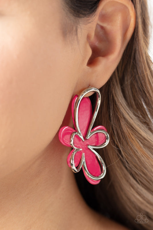 Glimmering Gardens - Pink & Silver Abstract Overlapping Flower Paparazzi Earrings