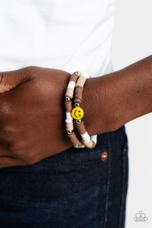 In SMILE - Brown & White Rubber Discs/Yellow Smily Face Bead Paparazzi Set of 2 Stretch Bracelets