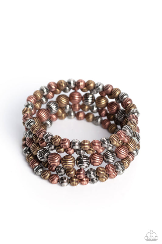 Sonoran Stripes - Multi Silver, Brass, & Copper Beaded Paparazzi Stretch Bracelet
