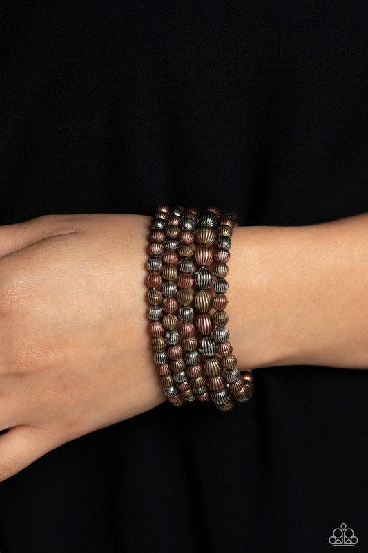 Sonoran Stripes - Multi Silver, Brass, & Copper Beaded Paparazzi Stretch Bracelet