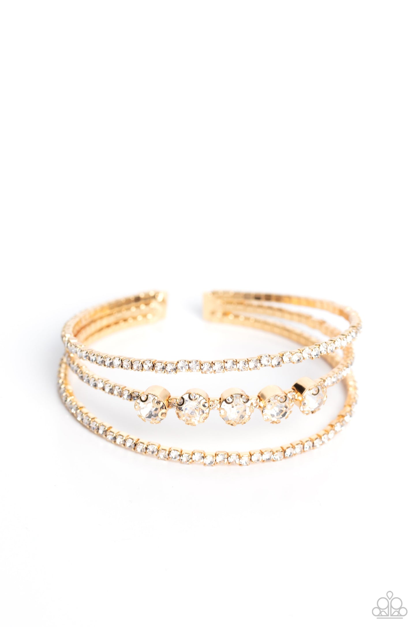 Lucid Layers - Gold Frames & White Rhinestone Paparazzi Cuff Bracelet