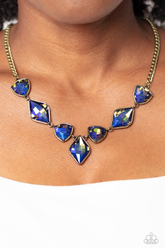 Glittering Geometrics - Brass Frames & Blue Reflective Shimmer Gem Paparazzi Necklace & matching earrings