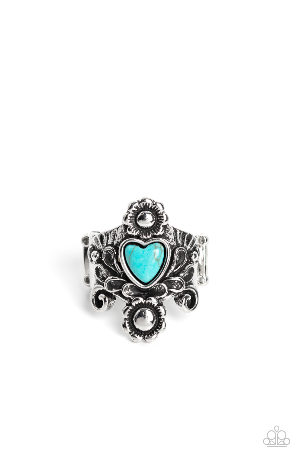 Trailblazing Tribute - Blue/Turquoise Stone Heart & Silver Filigree Paparazzi Ring