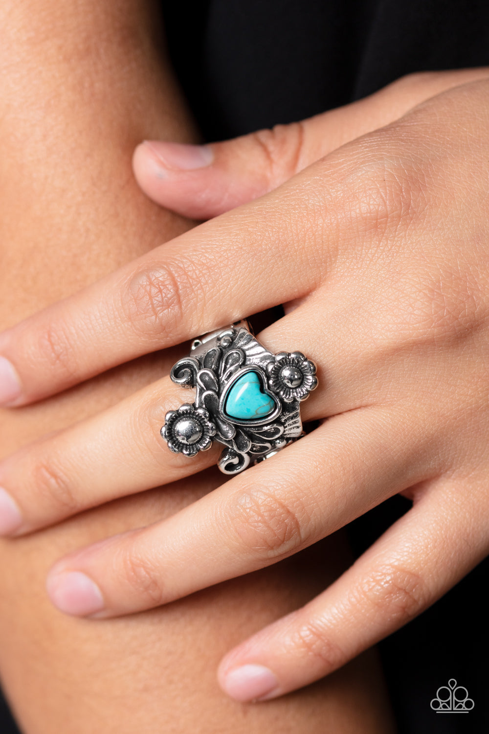 Trailblazing Tribute - Blue/Turquoise Stone Heart & Silver Filigree Paparazzi Ring