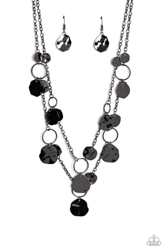 Hammered Horizons - Gunmetal Hoops/Hammered Discs Double Strand Paparazzi Necklace & matching earrings