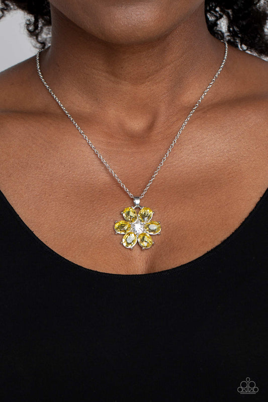 Fancy Flower Girl - Yellow Rhinestone Flower Pendant Paparazzi Necklace & matching earrings