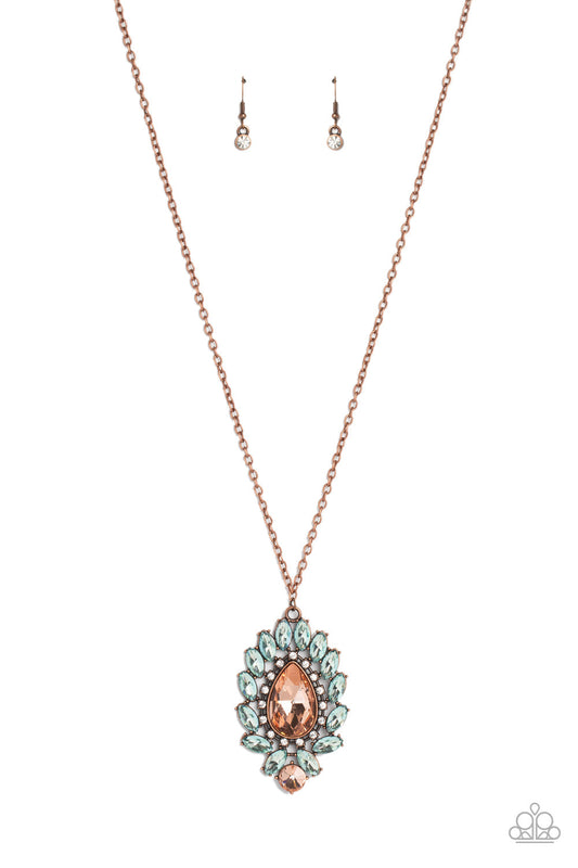 Over the TEARDROP - Copper Frame/Peach, Blue, & White Rhinestone Pendant Paparazzi Necklace & matching earrings