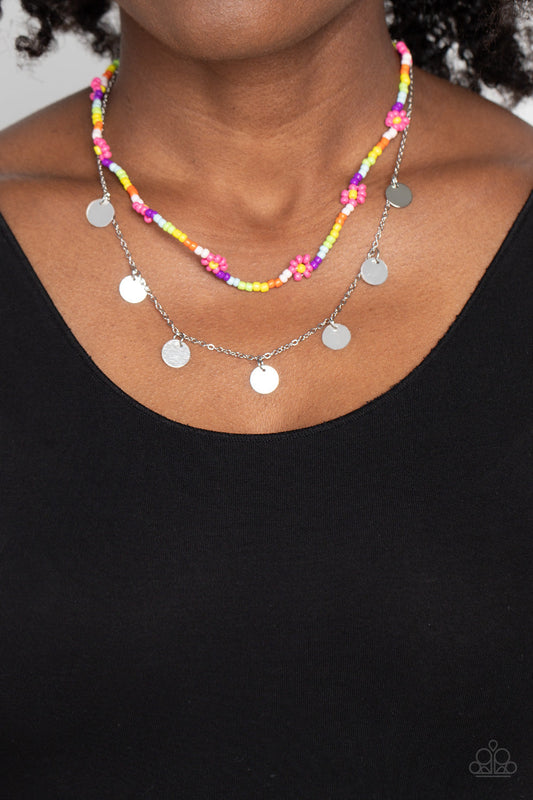 Rainbow Dash - Pink Seed Bead Flowers/Multi Seed Bead Chain Paparazzi Necklace & matching earrings