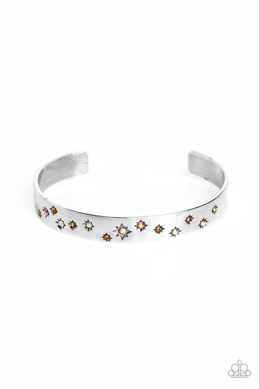 Starburst Shimmer - Orange & Iridescent Dainty Rhinestones/Stamped Star Shape Paparazzi Cuff Bracelet