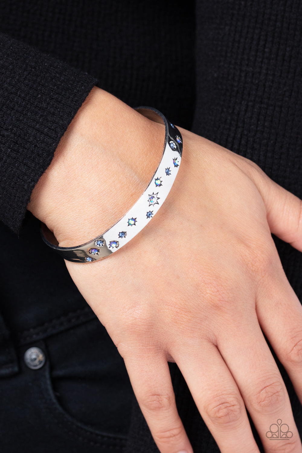 Starburst Shimmer - Blue & iridescent Dainty Rhinestones/Stamped Stars Paparazzi Cuff Bracelet