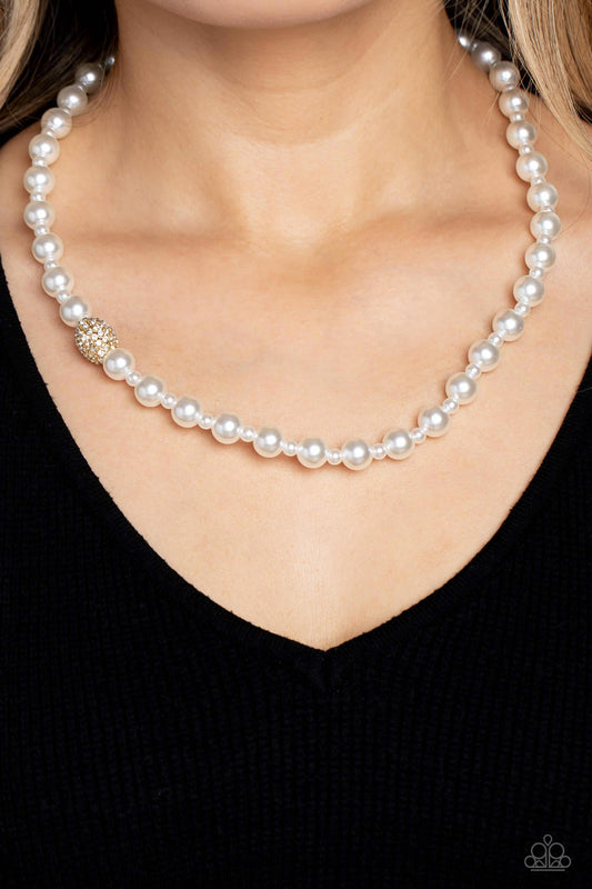 Countess Chic - Gold/White Rhinestone Ornament/White Pearls Paparazzi Necklace & matching earrings