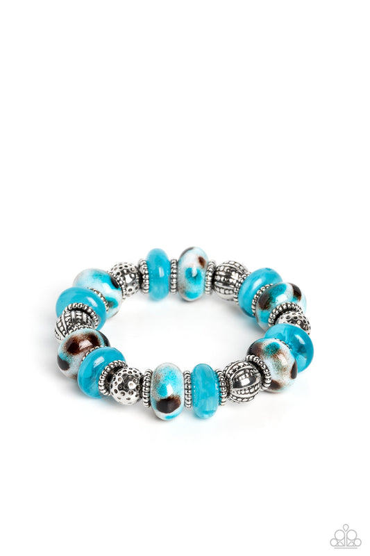 Warped Wayfarer- Blue, Silver, Turquoise Spotted Beaded Paparazzi Stretch Bracelet