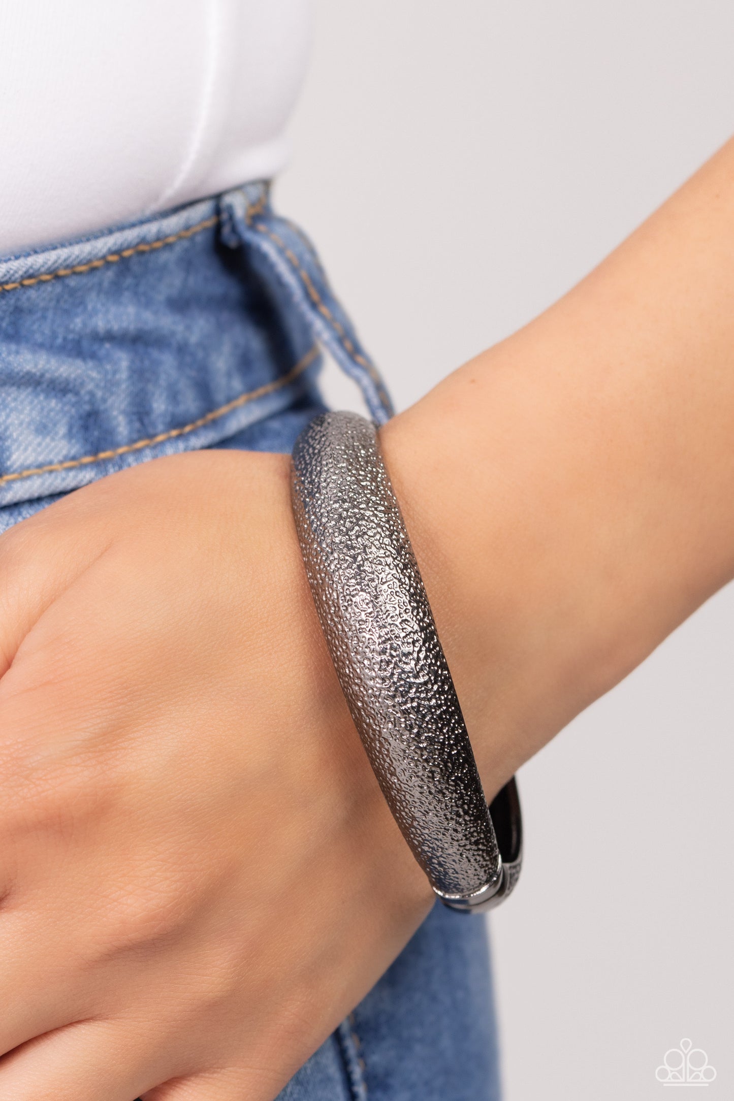 Rippling Reunion - Gunmetal Rippled Texture Paparazzi Hinge Bracelet