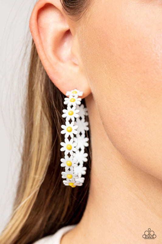 Daisy Disposition - White Daisy Hoop Paparazzi Earrings