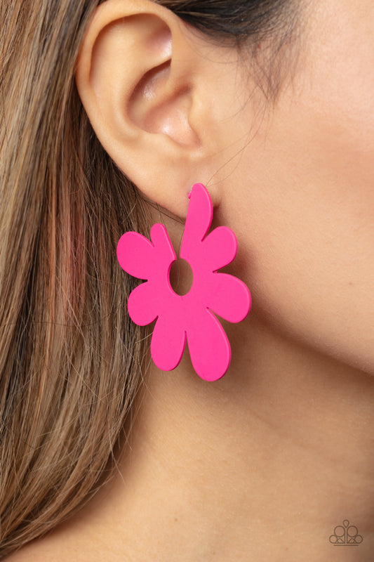 Flower Power Fantasy - Pink Asymmetrical Oversized Abstract Flower Hoop Paparazzi Earrings