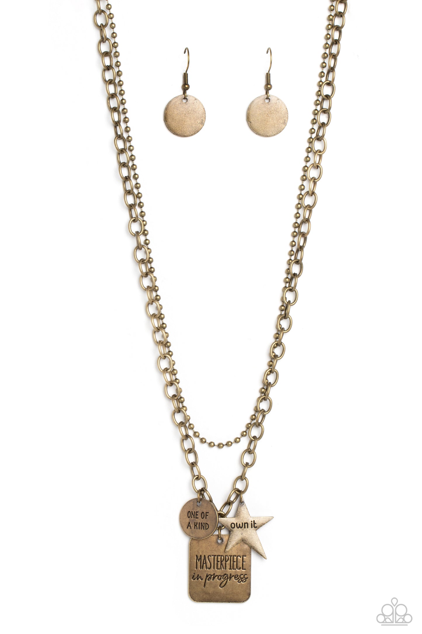 Masterpiece in Progress - Brass "Masterpiece in Progress" Stamped Pendant Paparazzi Necklace & matching earrings