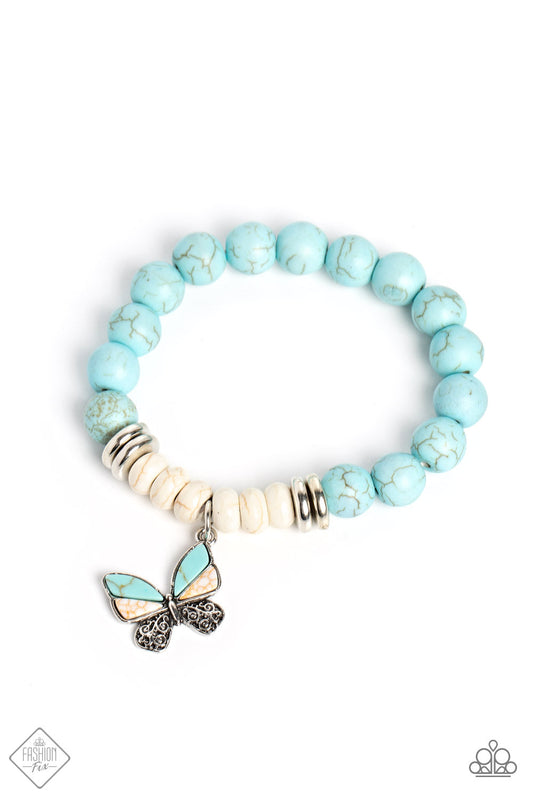 Bold Butterfly - Blue/Turquoise & White Stone Butterfly Paparazzi Stretch Bracelet