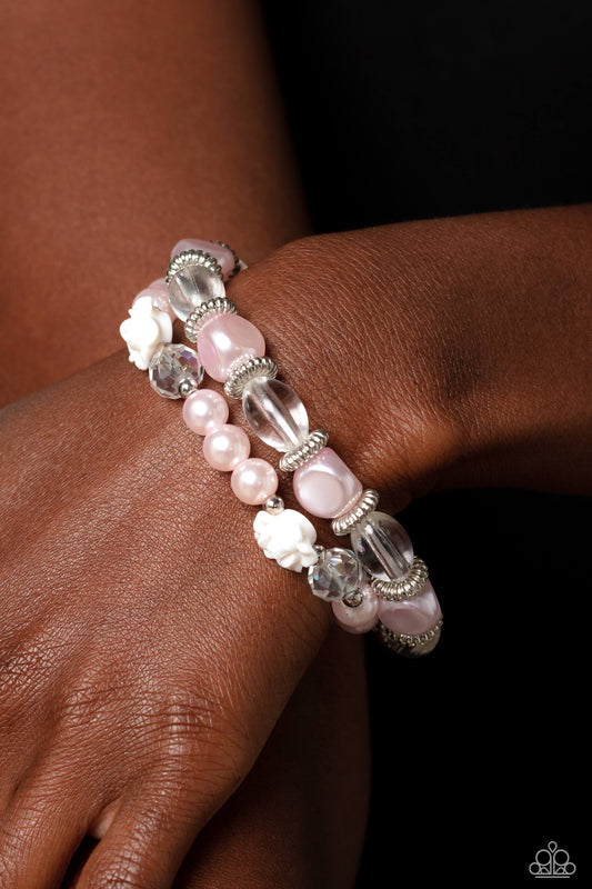 Who ROSE There? - Pink Pearls, Silver Rings, Pink/Clear Beads, & White Rose Paparazzi Set of 2 Stretch Bracelets