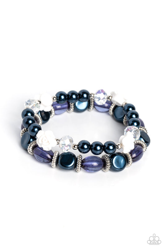 Who ROSE There? - Blue Beads & Pearls/Silver Studded Rings/White Roses Paparazzi Set of 2 Stretch Bracelets